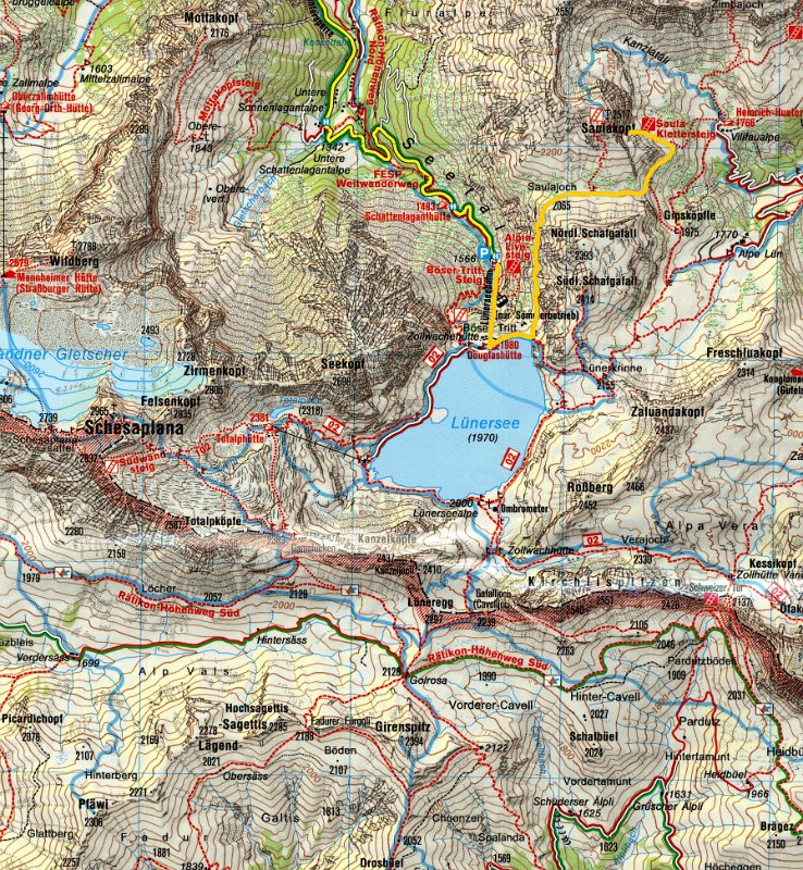 ratikon mapa 2013.07.05.jpg - Přijíždíme k lanovce pod jezerm Lünersee, vyjedeme nahoru a vydáme se na první túru.